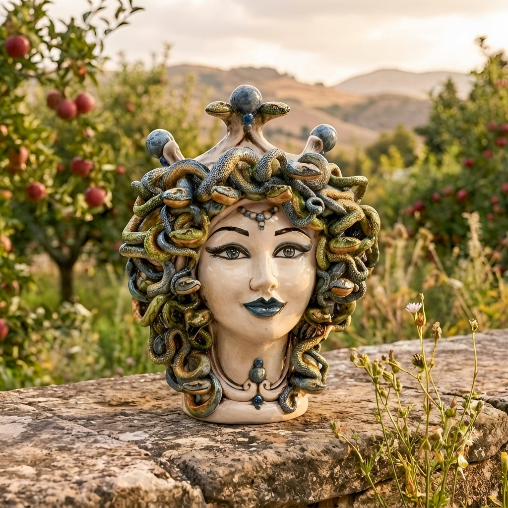 Medusenkopf H 30 cm — Antik Perlmutt, Blaue Perlen | Caltagirone-Keramik