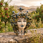 Medusenkopf H 30 cm — Antik Perlmutt, Blaue Perlen | Caltagirone-Keramik