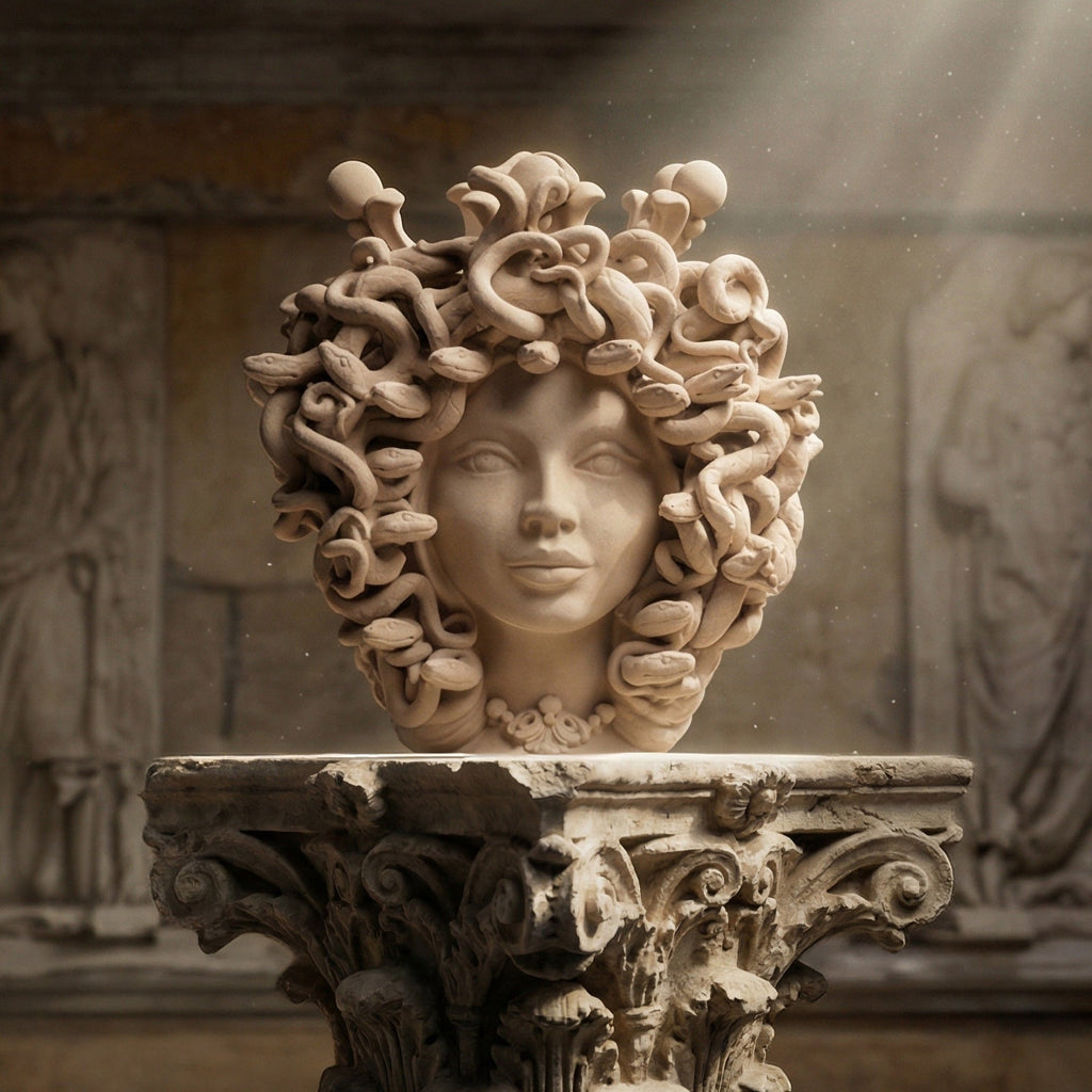 Testa Medusa, Tortora Opaco, chioma di serpenti. Ceramiche Sofia, Caltagirone