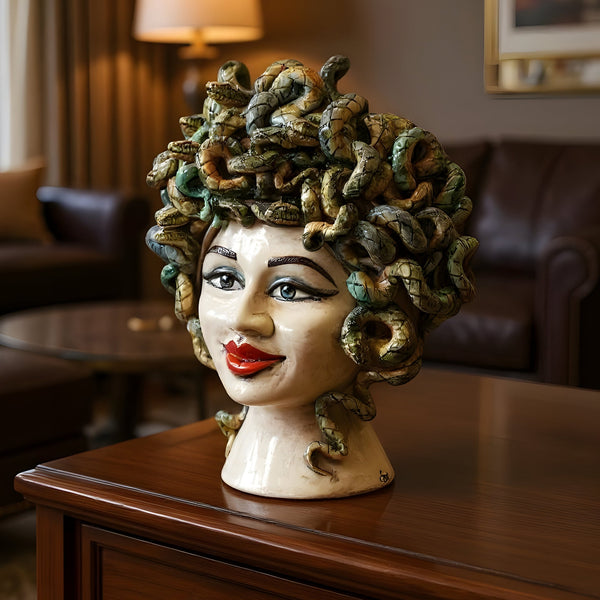 Medusa Head h 40 cm — Antique Mother-of-Pearl, Red Lips | Caltagirone Ceramics