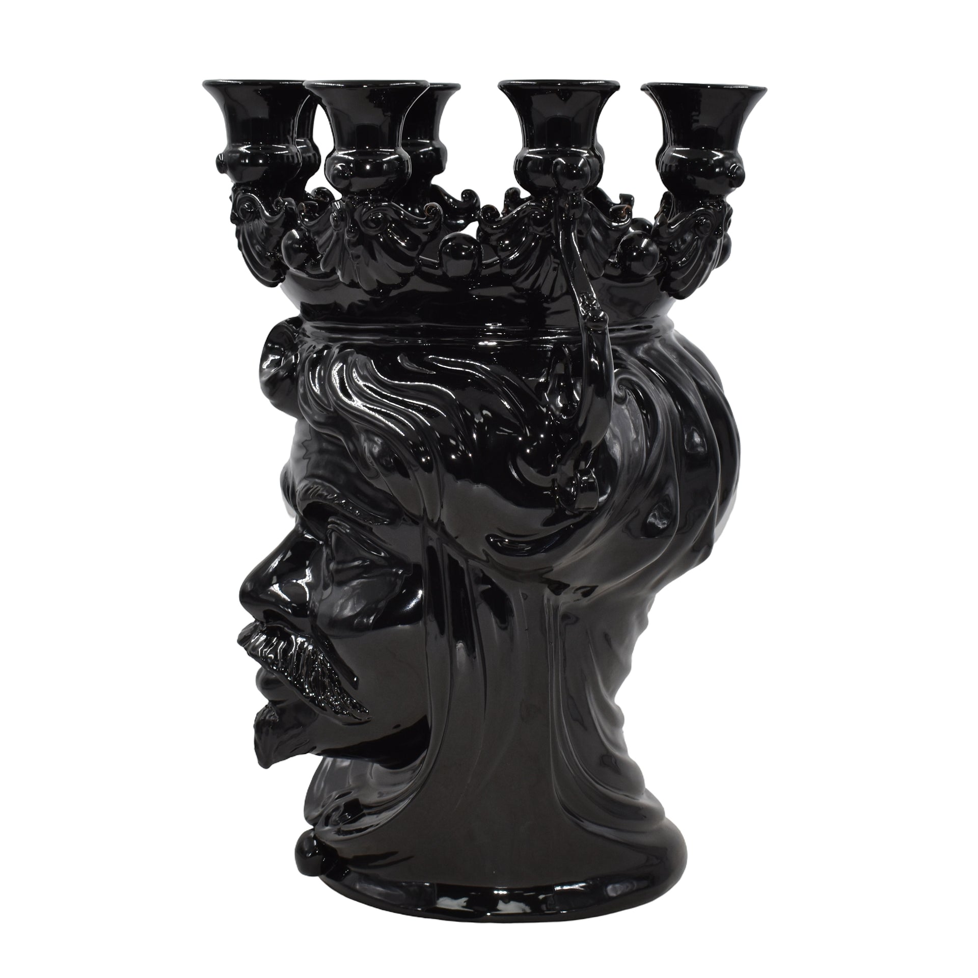 Black ceramic Testa di Moro candle holder with ornate crown and flowing hair, handmade decorative piece