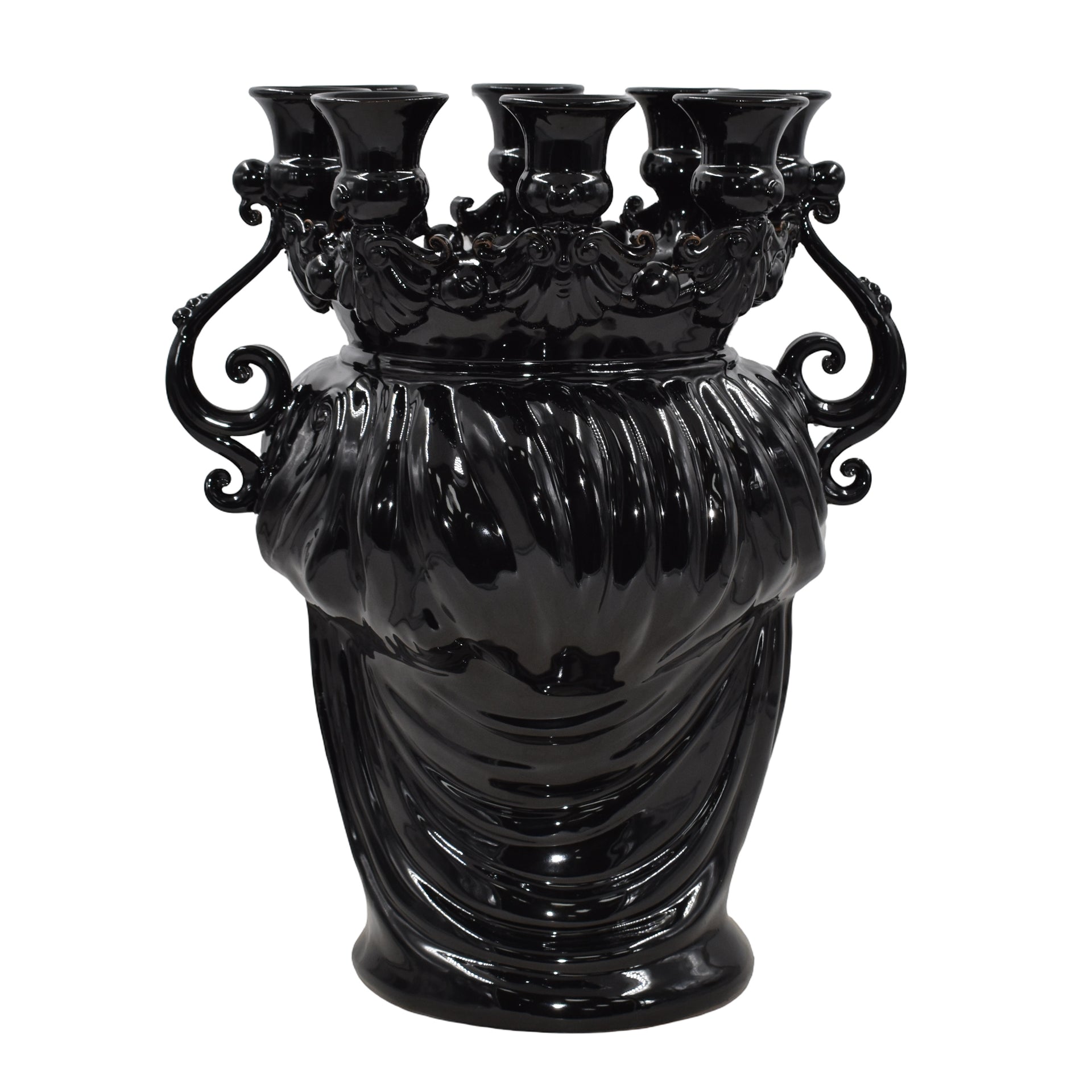Glossy black Teste di Moro vase with ornate handles and multiple spouts, blending tradition and modern design.