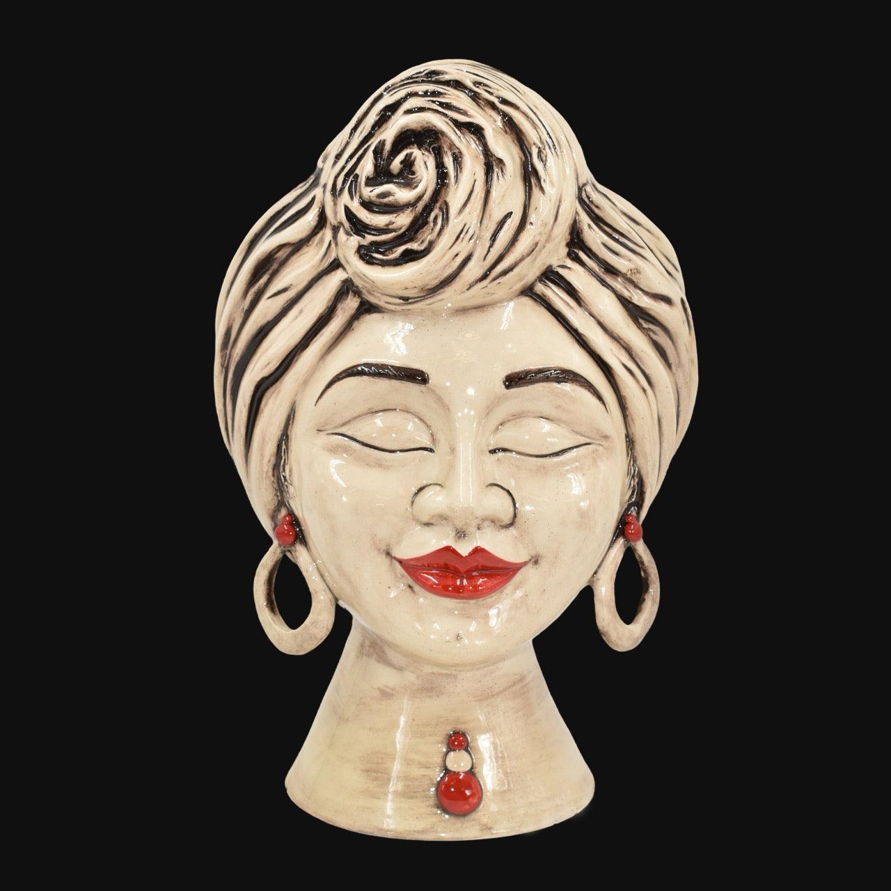 Handmade Teste di Moro ceramic bust with red lips, earrings, and rose hair detail, blending tradition and modern design.
