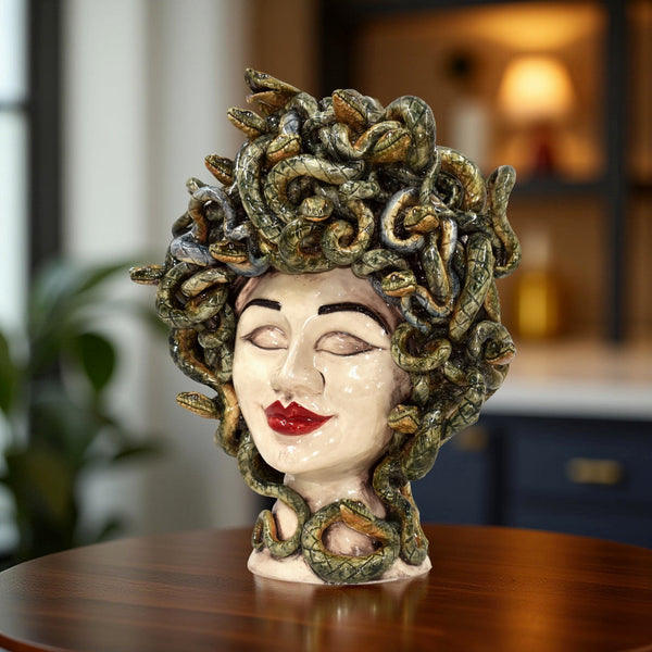 Head of Medusa h 40 cm — Mother-of-Pearl, Red Lips | Caltagirone Ceramics
