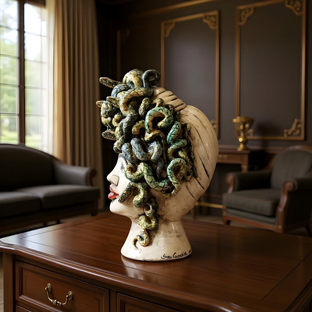 Handcrafted ceramic Medusa head with colored snakes and red lips, displayed indoors
