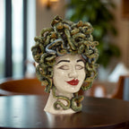 Handcrafted Medusa head sculpture with snake hair, ceramic art for modern home decor
